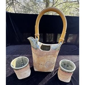 Antique Lace-Impressed 2 Cup Tea Set Blue Heron Pottery Wood Handle Mint!